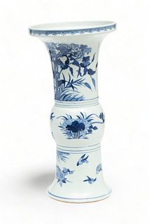 Chinese Blue And White Porcelain Gu Form Vase, H 17" Dia. 9"