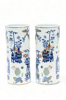 Pair of Chinese Qing Dynasty Style Wucai Porcelain Brush Holders, H 11" Dia. 4.5"