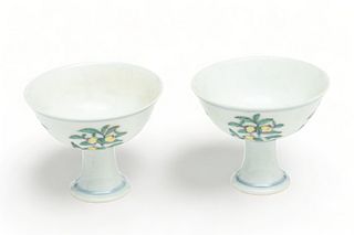 Pair of Chinese Wucai Porcelain Stem Cups, H 3.5" Dia. 4" 1 Pair