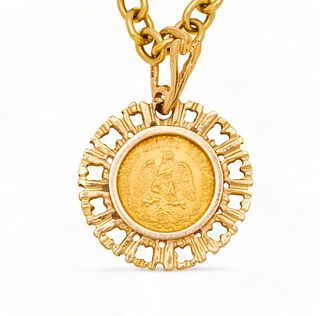 14K Yellow Gold Neck Chain, Mexican Dos Pesos 1945 Coin L 23" 25.6g