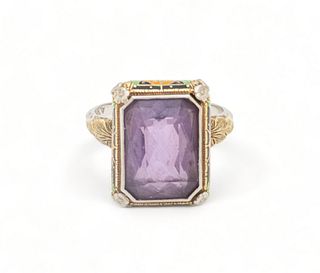 14K White Gold And Amethyst (6ct) Ring Size 7 Ca. 1940, 6.1g