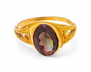 10 K Yellow Gold And Oval Garnet Ring, Size 4 1/2, Ca. 1900, 1.8g