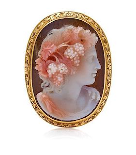 A Victorian Yellow Gold and Carved Agate Cameo Brooch, Angelo Amastini, 6.80 dwts.