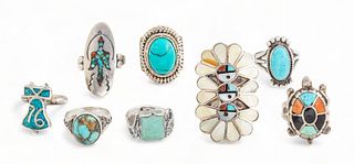 Southwest Silver And Turquoise Rings 59g 8 pcs