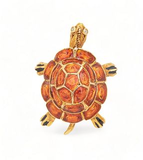 Turtle Brooch, 14K Yellow Gold And Red Enamel L 1.3" 7.3g