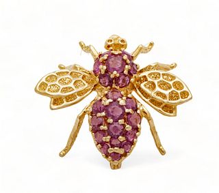 Bee Brooch, Ruby And 14K W 0.75" 2.7g