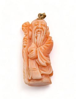Coral Chinese Figural Pendant H 1.2" 9g