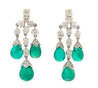A Pair of White Gold, Emerald and Diamond Chandelier Earrings, 9.90 dwts.