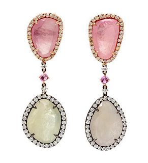 A Pair of 18 Karat Bicolor Gold, Hardstone, and Diamond Pendant Earrings, 8.60 dwts.