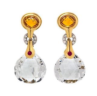* A Pair of 18 Karat Yellow Gold, Rock Crystal, Citrine, Diamond, and Ruby Pendant Earclips, Antonini, 17.70 dwts.