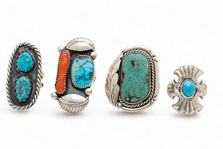 Navajo Sterling Turquoise, Coral Rings Ca. 1970, 54g 4 pcs