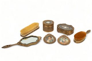 Ivy Hawkins Dodge's (French LXVI Style) Patinated Metal, Guilloché, And Watercolor Dresser Set Ca. 1890-1900, 5 pcs