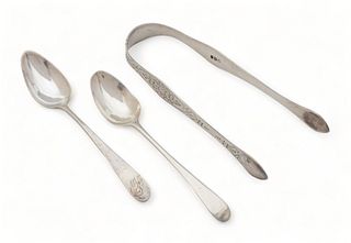 Peter, Ann & Wm Bateman, Peter & Ann Bateman Sterling Silver Spoons, Sugar Tongs  1796, 1802,1803, L 5" 3 pcs