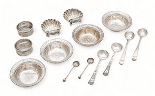 Birmingham Sterling Open Salts (2 Pairs) , Nut Dishes (4) Salt Spoons (4) 1790 And 1830, 146g 12 pcs