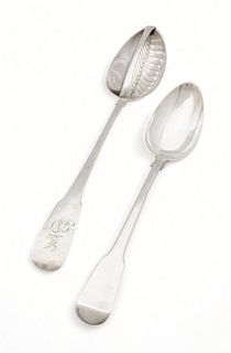 Irish Sterling Serving Spoon W/ Strainer & Georgian Serving Spoon  1793, 1808, L 12" 5.6t oz 2 pcs