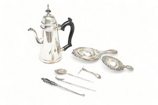 Sheffield Plate Tea Strainers (2), Lighthouse Coffee Pot, + Sterling Button Hook Etc. (4) Ca. 1920, L 8" 7 pcs