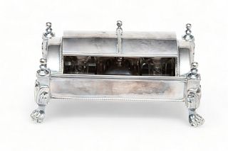 English Sheffield Silver Plate Footed, Curved Cover Inkstand Ca. 1920, H 3.2" L 6.7"