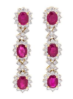 A Pair of Yellow Gold, Ruby and Diamond Earrings, 10.50 dwts.