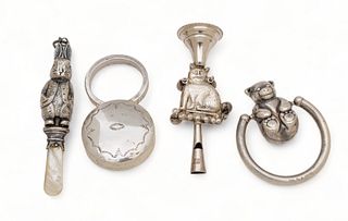 Sterling Silver Rattles: Bear on Swing by TIffany, Rabbit, Cat, Whistle Ca. 1920, 4 pcs