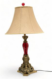 Bronze And Red Crystal Shaft Table Lamp "Lady with Harp" Ca. 1920, H 31"