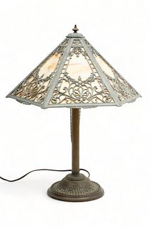 Bent Glass Metal Base Table Lamp Ca. 1900, H 22" Dia. 15"