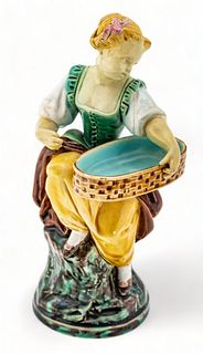 Minton, Majolica Ceramic Standing Figure of Girl with Tray Ca. 1900, H 7.5" W 4" Depth 3.75"