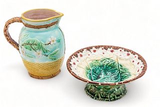Majolica, (England) Earthenware Large Pitcher And "Cabbage" Compote Ca. 19th.c., H 9" 2 pcs