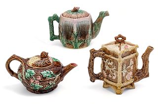 Majolica Earthenware Teapots Ca. 19th.c., 5" - 7" 3 pcs