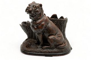 English Painted Terracotta Cigar & Match Holder, Seated Pug Dog, 19th C., H 9”, L 9”, D 7”
