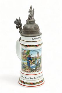 German Style Porcelain Beer Stein, Pewter Hinged Lid, H 13" L 6"