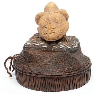 African, Kuba, Woven Grass & Cowrie Shell Basket Top with Clay Head, Ca. Mid 20th C., H 7" Dia. 6.75"