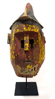 African Polychrome Carved Wood Kuba Mask, H 156", W 9.5", D 12"