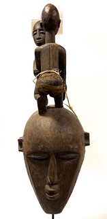 African Janus Polychrome Carved Wood Helmet Mask, H 20", W 7", D 8.5"