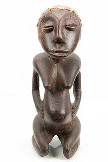 African Yoruba or Igbo Carved Wood with Cowrie Shells Kneeling Maternity Figure H 16.75", W 7", D 6"