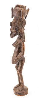 Ivory Coast or Mali, Senufo Peoples, Carved Wood Female Figure for Sandogo Society, H 24.5" W 4.75" Depth 4.5"