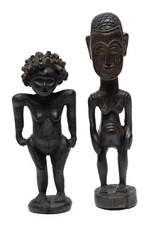 African Senufo Carved Wood Figurines, Man & Woman, H 14.5" 2 pcs