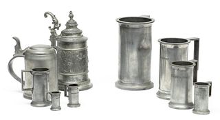 German Pewter Steins (2) And French Pewter Measures (7) Ca. 20th C., H 7" 9 pcs