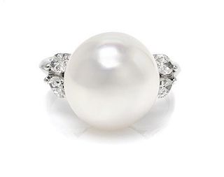A Platinum, Cultured South Sea Pearl and Diamond Ring, 5.50 dwts.