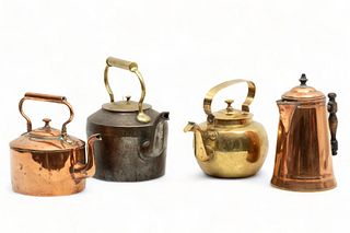 Copper, Brass & Pewter Tea & Coffee Pots, 19Th C. H 11", W 7", L 13", 4 Pcs