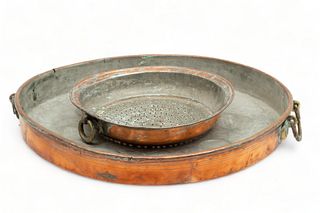Antique Copper Pan And Strainer, Ca. 19th C., Dia. 21" 2 pcs