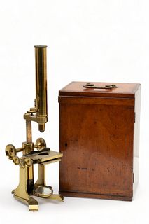 Fred J. Cox (English, London) Brass & Mahogany Microscope, 19th C., H 14", L 6"