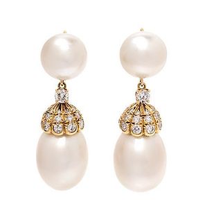 A Pair of 18 Karat Yellow Gold, Cultured Pearl and Diamond Earrings, 14.00 dwts.