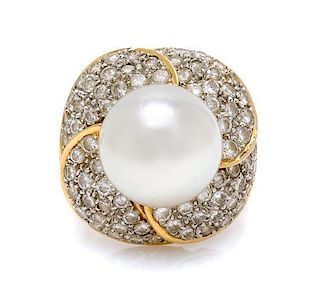 * An 18 Karat Yellow Gold, Cultured South Sea Pearl and Diamond Ring, Adler, 7.80 dwts.