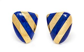 A Pair of 18 Karat Yellow Gold and Lapis Lazuli Earclips, Tiffany & Co., 9.20 dwts.
