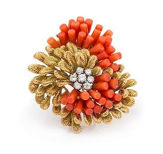 An 18 Karat Yellow Gold, Coral and Diamond Brooch, Van Cleef and Arpels, Paris, 12.50 dwts.