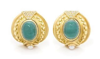 A Pair of 18 Karat Yellow Gold, Aquamarine, Diamond and Cultured Pearl Earclips, 33.80 dwts.