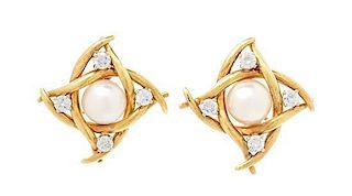 A Pair of 18 Karat Yellow Gold, Cultured Pearl and Diamond Earclips, Tiffany & Co., 9.20 dwts.