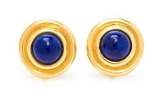 A Pair of 18 Karat Yellow Gold and Lapis Lazuli Earclips, Tiffany & Co., 10.50 dwts.
