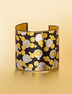 A 24 Karat Green and Yellow Gold, Silver and Lacquered Damascened Iron Cuff Bracelet, Angela Cummings for Tiffany & Co., Circ
