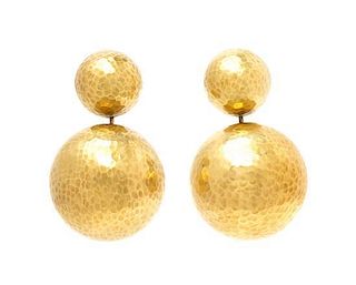 * A Pair of 18 Karat Yellow Gold Pendant Earclips, Paloma Picasso for Tiffany & Co., Circa 1988, 14.10 dwts.